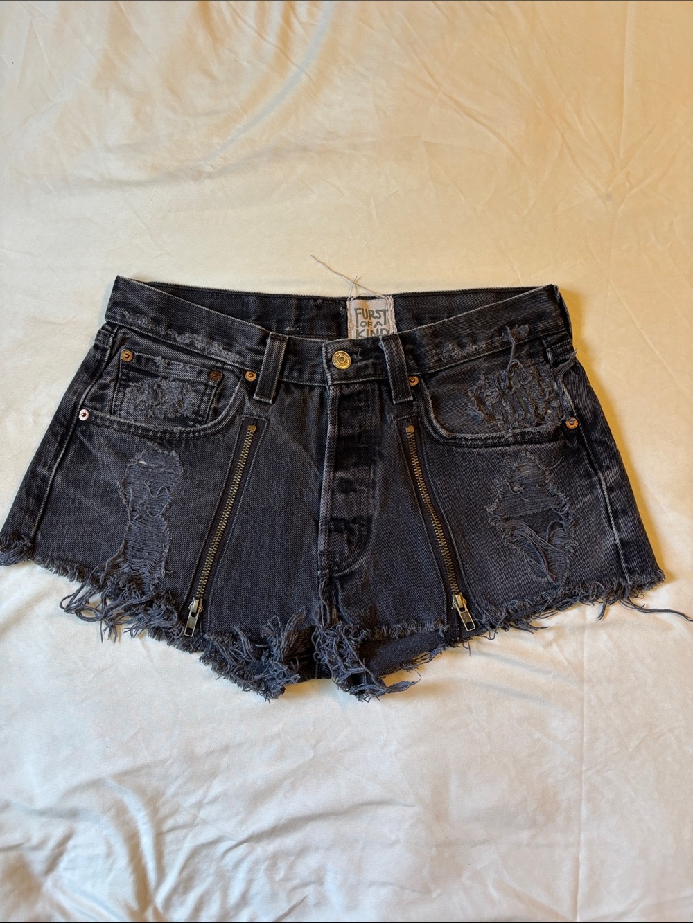 Furst of a Kind Black Distressed Denim Jean Shorts with Front Zippers